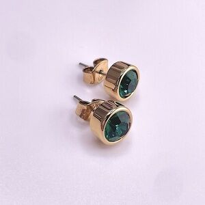 Emerald Green Crystal Gold Stud Earrings, Green Stone Stud Gold Earrings